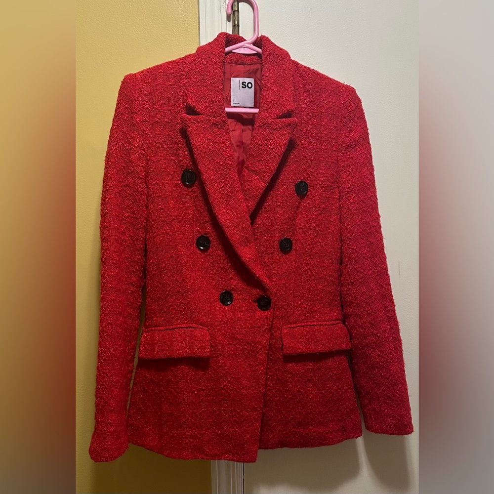 SO KOHL’S JUNIORS’ RED TWEED DOUBLE BREASTED BLAZER W/ BLACK BUTTONS (SMALL 3/5)